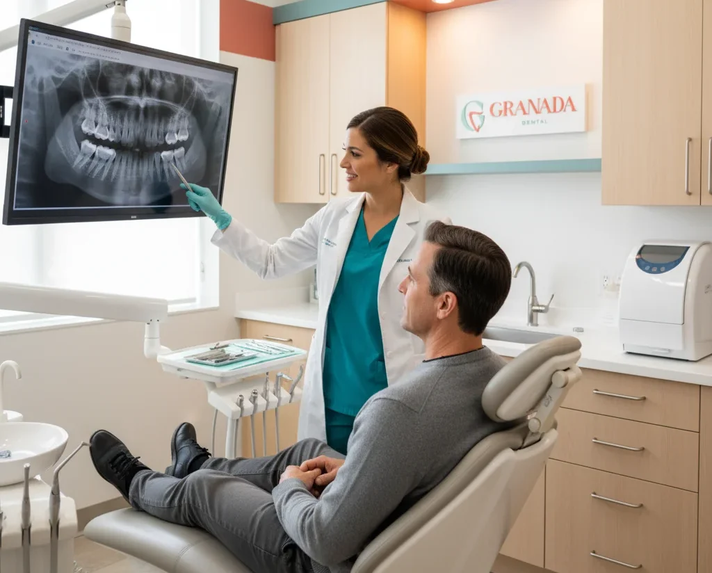 Dentist explaining treatment options to a patient in Sherwood Park