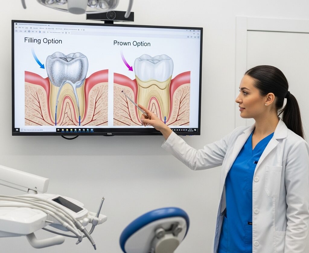 Dentist explaining filling versus crown treatment options