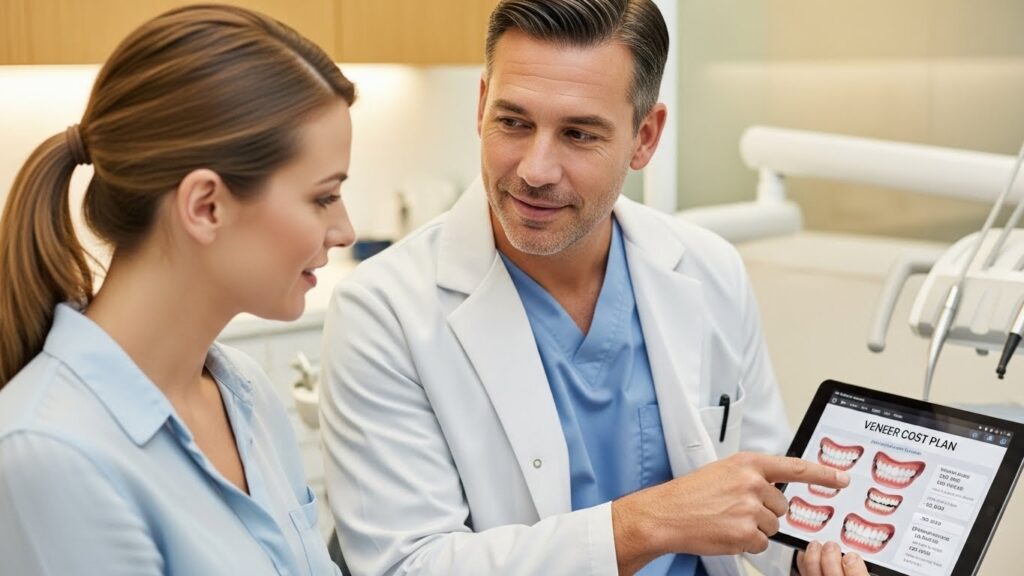 Dentist explaining veneer costs and smile planning in Sherwood Park
