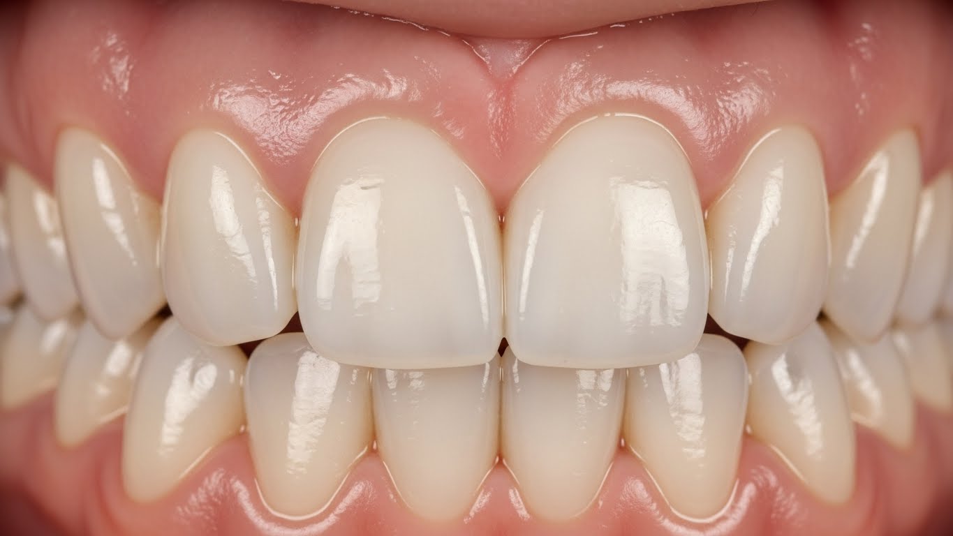 Close-up of porcelain veneers showing natural translucency and enamel-like finish